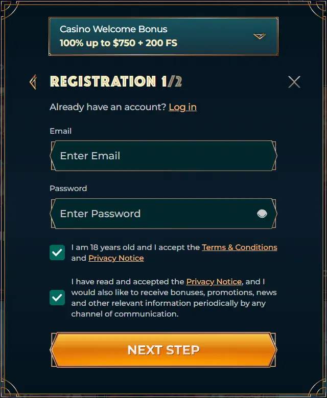 Registration form in MonsterWin Casino