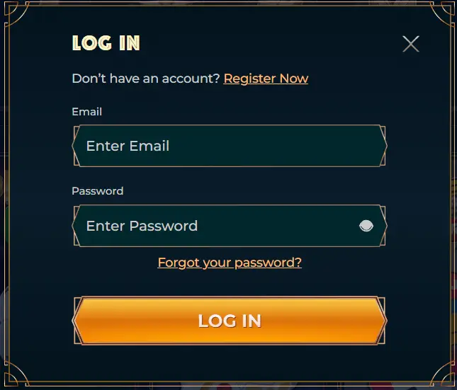 Log In form in the online casino